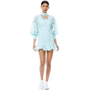 Alice + Olivia Yazmin Blue Lace Eyelet Long Sleeve Mock Neck Mini Dress - Size 6